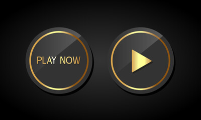 Circle black button Play now. Button with golden frame. Vector clipart isolated on white background.