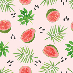 Wall Mural - Seamless guava fruit pattern. Vector watercolor exotic fruit and leaves background.	