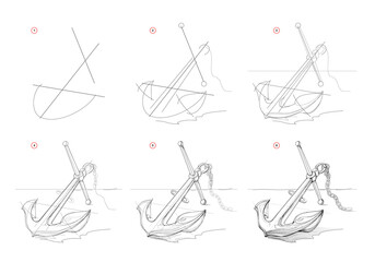 Wall Mural - page shows how to learn to draw sketch of old sea anchor. creation step by step pencil drawing. educ
