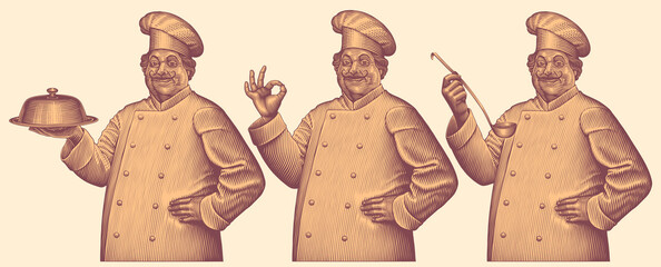 Three chefs. Design set. Editable hand drawn illustration. Vector vintage engraving. 8 EPS