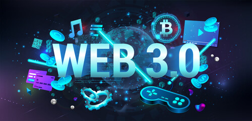 Web 3.0 is a new generation of the Internet, using blockchain and artificial intelligence - Ai. Web 3.0 - blockchain system, simple code, cryptocurrency. Modern internet technologies IoT. 3D banner