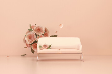 Armchair with falling colorful flowers on pastel pink background. Advertisement idea. Creative composition. Peach fuzz is color trend year 2024