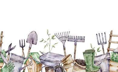 Watercolor seamless border of gardening tools