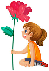 Wall Mural - A girl with a big red flower cartoon