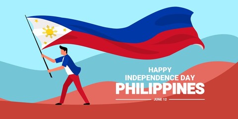 Philippines independence day banner, Young man waving flag, as independence symbol, vector illustration.