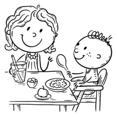 Wall Mural - Cartoon outline family eating. Illustration of mom feeding child