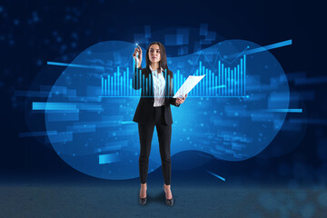 Attractive young european businesswoman with document in hand using abstract blue metaverse business chart hologram. Digital transformation, technology and future concept.