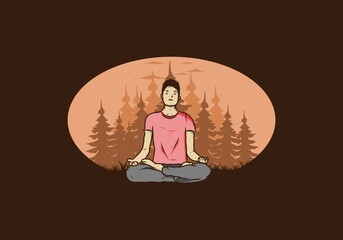 Wall Mural - illustration of a someone doing yoga and meditating outdoors in a forest in nature among pine trees