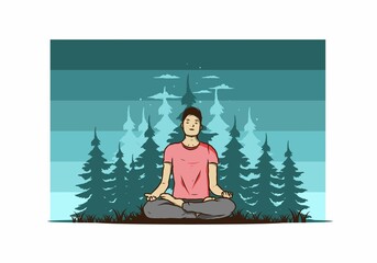 Wall Mural - illustration of a someone doing yoga and meditating outdoors in a forest in nature among pine trees