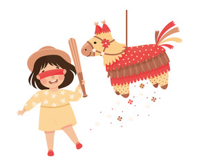 Sticker - Funny Girl Striking and Hitting Pinata Hanging on String with Stick Vector Illustration