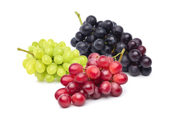 Wall Mural - three bunch of grapes (red, green, black) isolated on white background.