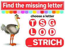 Logic Puzzle Game. Learning Words For Kids. Find The Missing Letter. Educational Worksheet. Activity Page For Learning English. Game For Children. Isolated Vector Illustration. Cartoon Style.Ostrich