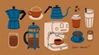 © Dariia - Set for coffee lovers. Isolated coffee elements. French press, coffee machine, mug, cup, milk pitcher, kettle. Icon collection for menu, coffee shop. Hand drawn modern Vector illustration