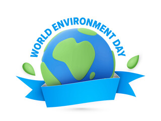 Wall Mural - Blue World Environment Day Font With 3D Earth Globe And Empty Ribbon On White Background.