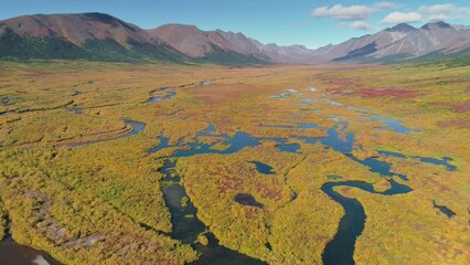 slow backward drone flight over tundra landscape with mountains, meandering rivers and swamps in aut