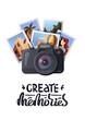 Camera and travel photos. Handwritten lettering. Travel, tourism, adventure, journey, photography, memories concept.  Vector illustration.