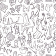Horse ammunition and rider clothing. Seamless pattern of equestrian equipment for wrapping, backgrounds, wallpapers, textile composition. Elements for horses. Vector hand drawn sketch.