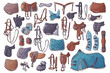 Big collection equestrian equipment. Horse ammunition and rider clothing for backgrounds, wallpapers, textile, postcards, t-shirt prints. Set elements for horses. Vector hand drawn style illustration.