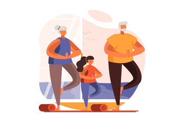 Aufkleber - Healthy families web concept in flat design. Happy grandfather, grandmother and granddaughter doing yoga asanas. Grandparents and child training together. Illustration with people scene