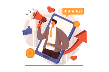 marketing web concept in flat design. man with megaphone making advertising campagn in social media.