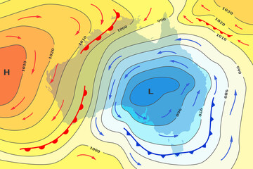 weather forecast map of australia. movement of cold front to continent. winter in australia. templat
