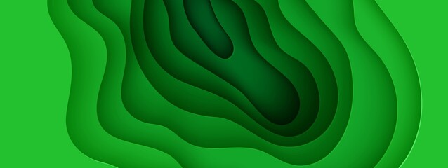 Wall Mural - Abstract green background in paper cut style. 3d layout wallpaper cut out from cardboard. Modern template with abstract curve shapes. Vector environmental card with papercut waves for business poster.