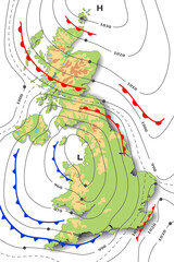Wall Mural - forecast weather map of great britain. meteorological, topography, physical map. template of synopti