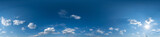 Fototapeta  - blue sky hdri 360 panorama with white beautiful clouds. Seamless panorama with zenith for use in 3d graphics or game development as sky dome or edit drone shot for sky replacement