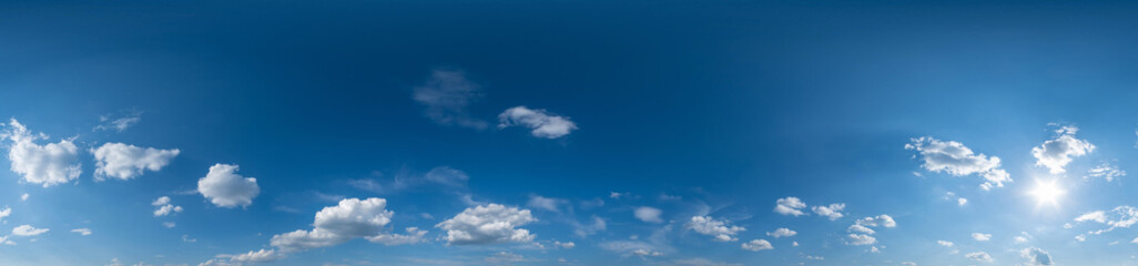 blue sky hdri 360 panorama with white beautiful clouds. Seamless panorama with zenith for use in 3d graphics or game development as sky dome or edit drone shot for sky replacement