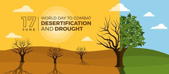 World Day to Combat Desertification and Drought - Two parts are the dry and hot tree scene and the refreshing tree scene vector design