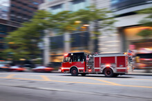 Fast Moving Fire Engine On City Street. Firefighters In Blurred Motion. Themes Rescue, Urgency And Help..