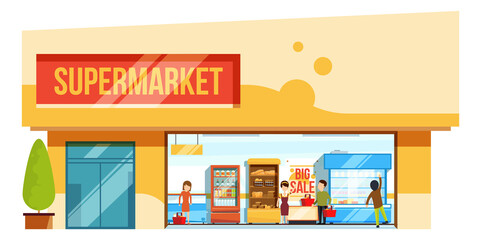 Canvas Print - Supermarket building. Cartoon grocery store front view