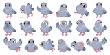 Fototapeta Pokój dzieciecy - Cartoon pigeon. Funny bird character with various emotions in different poses, comic mascot clip art. Vector dove animal in flight isolated set
