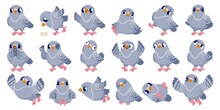 Cartoon Pigeon. Funny Bird Character With Various Emotions In Different Poses, Comic Mascot Clip Art. Vector Dove Animal In Flight Isolated Set