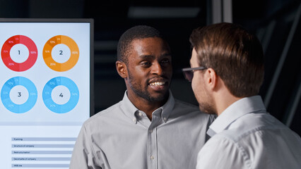 Poster - Office conference room meeting presentation: young men discussing a new idea on the background of infographics