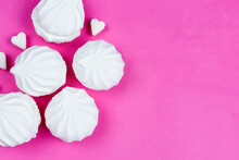 White Balloon Marshmallows And Sugar In The Shape Of A Heart On A Bright Pink Background. Homemade Sweets. Space For The Text. Recipe, List Of Ingredients.