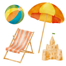 Watercolor Beach Vacation Set. Hand Drawn Beach Umbrella, Deckchair, Sand Castle And Beach Ball Isolated On White Background. Summer Relax Illustration. Striped Sun Lounge Chair And Parasol Painting