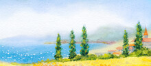 Watercolor Landscape. Road To The Sea In A Wheat Field