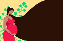 A Beautiful Pregnant Girl Holds Her Hands On Her Stomach. Happy Pregnancy. Flat Cartoon Vector Illustration. Poster With Pregnant Woman With Long Hair And Place For Text. 