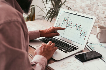 Back view of man reading forex chart on laptop display. Bad indication on graph and bankrupt economy. Trader studying barrels online. Concept of work and investment on stock market crypto currency