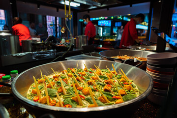 Spanish paella prepared in the street restaurant, close up