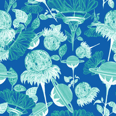 Watercolor pattern light green fantasy flowers planet on a blue background for your seamless design, hand drawn illustration