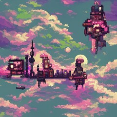 Wall Mural - Retro futuristic city in clouds. Pixel art wallpaper in a style of 80's computer graphic. Creative retro 3D illustration. Urban scene.