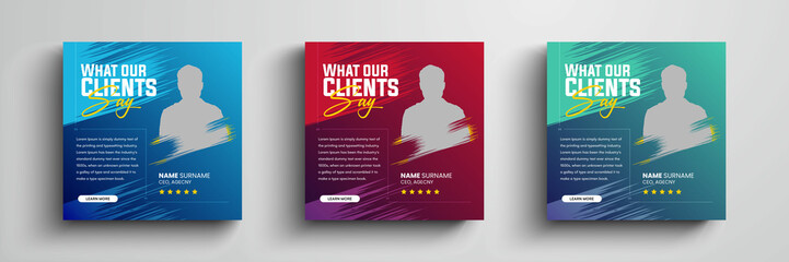 Modern and minimalist client testimonials social media post design with gradient color. Customer service feedback review social media post with color variation template.