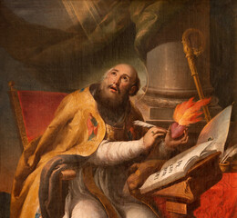 the baroque painting of st. augustine in the cathedral after original by claudio coello (1642-1693).