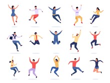 Jumping People. Happy Young Characters Express Emotions, Teen Group In Colorful Trendy Clothes. Vector Joyful Flying Persons In Motion, Male And Female Avatars
