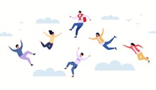 People In The Sky. Cartoon Characters Floating In Clouds, Dream And Imagination Concept, Young Persons Falling On Dreamy Background. Vector Illustration
