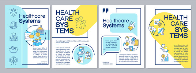 Health systems blue and yellow brochure template. Healthcare quality. Leaflet design with linear icons. Editable 4 vector layouts for presentation, annual reports. Questrial, Lato-Regular fonts used