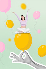 Sticker - Photo cartoon comics sketch collage of funny funky girl sitting huge air ball holding big arm isolated colorful background