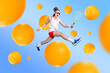 Creative collage picture of overjoyed sportive person jump hold tennis racker orange instead ball